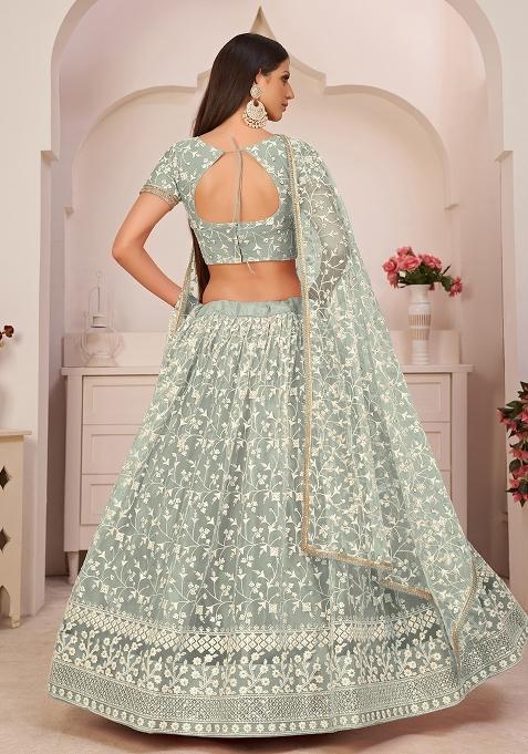 Green Embroidered Net Lehenga Set With Dupatta