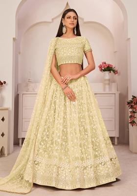 Lemon Yellow Embroidered Net Lehenga Set With Dupatta