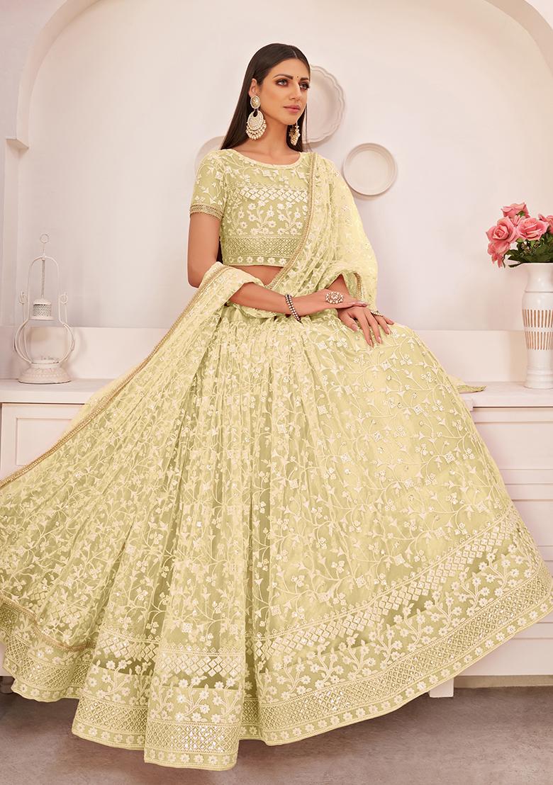 Lemon Yellow Embroidered Net Lehenga Set With Dupatta