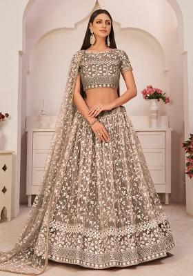 Brown Embroidered Net Lehenga Set With Dupatta