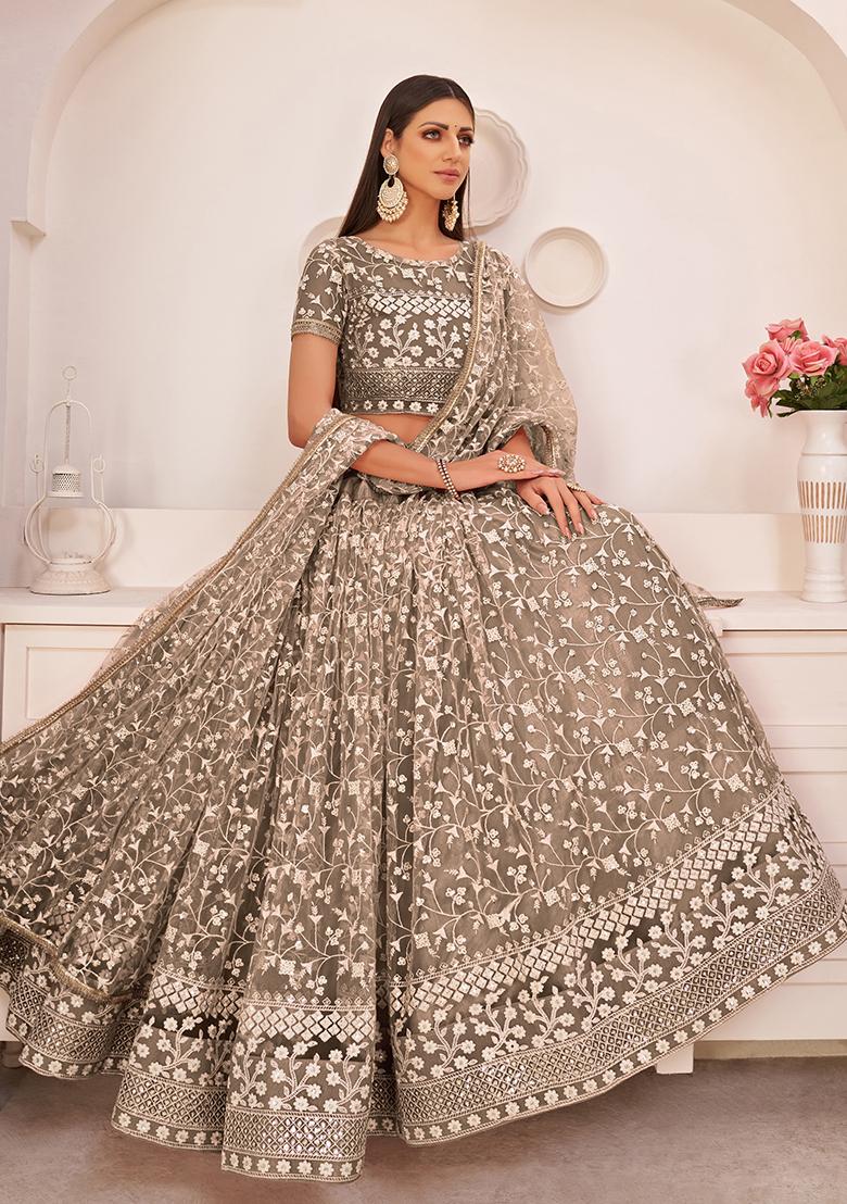 Brown Embroidered Net Lehenga Set With Dupatta