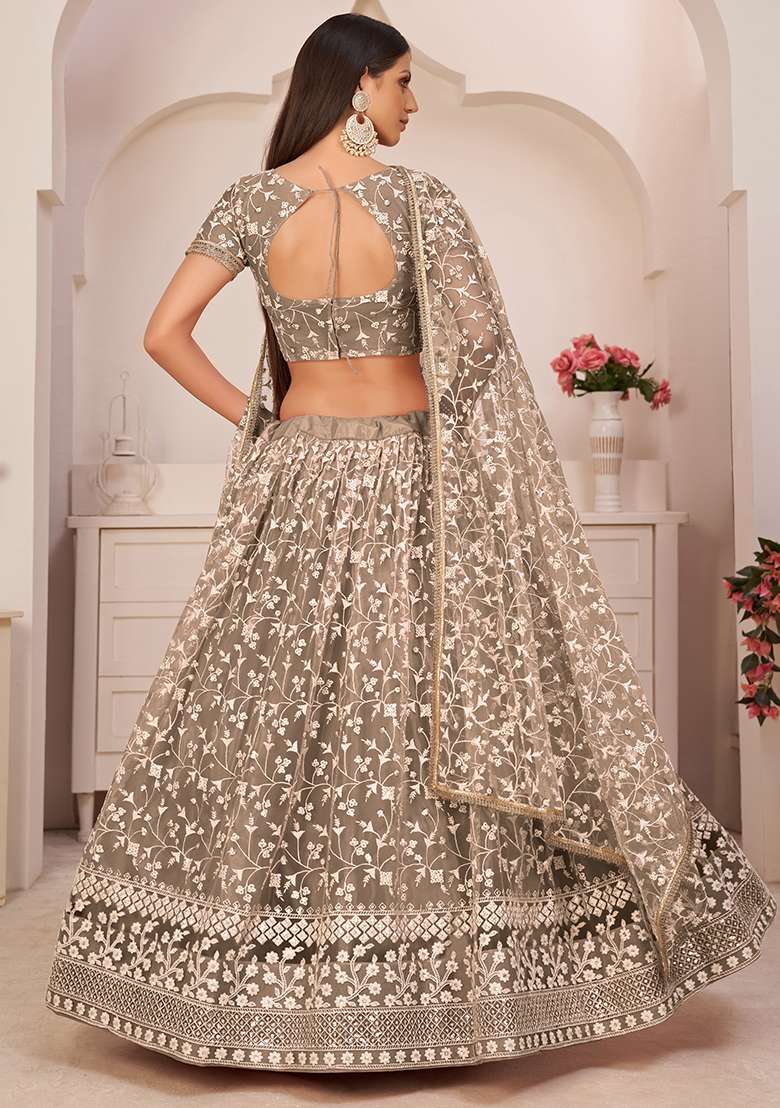 Brown Embroidered Net Lehenga Set With Dupatta for Diwali and Festive Wear - Indya
