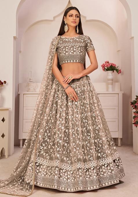 Brown Embroidered Net Lehenga Set With Dupatta