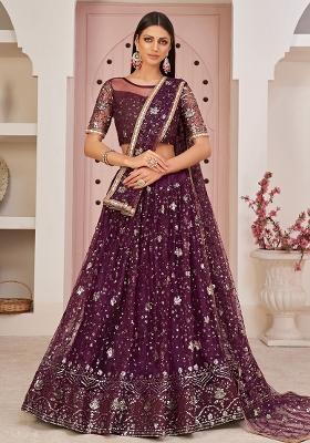 Wine Embroidered Net Lehenga Set With Dupatta