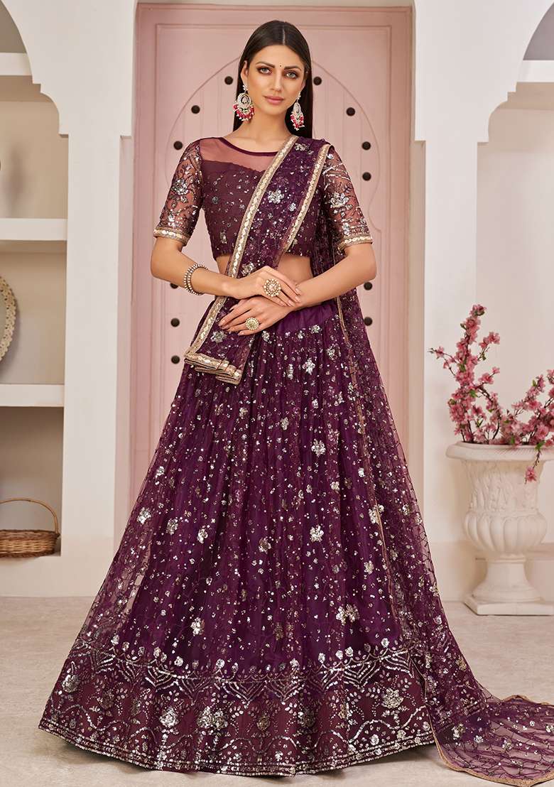 Wine With Dupatta Net Lehenga Set with Embroidered for Diwali | Wedding & Festive Wear - Indya