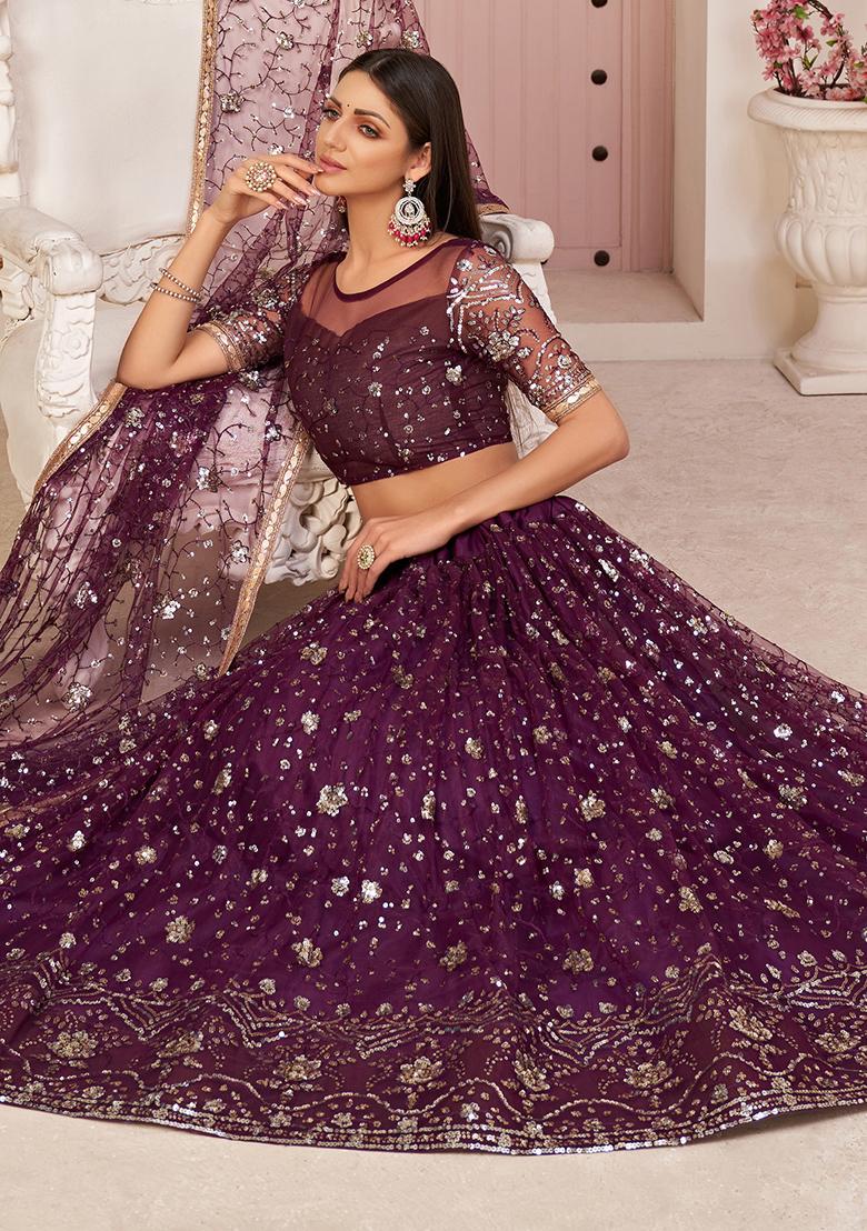 Wine Embroidered Net Lehenga Set With Dupatta
