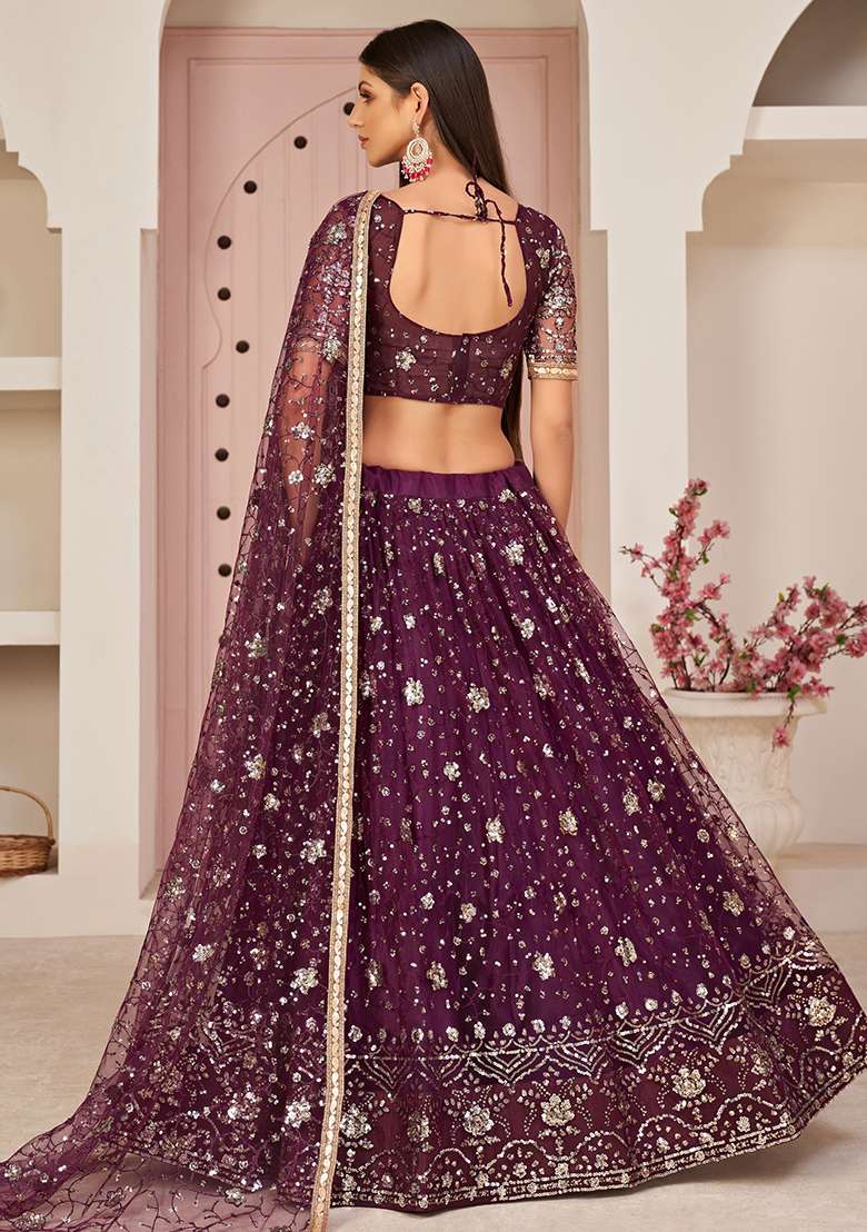 Wine With Dupatta Net Lehenga Set with Embroidered for Diwali | Wedding & Festive Wear - Indya