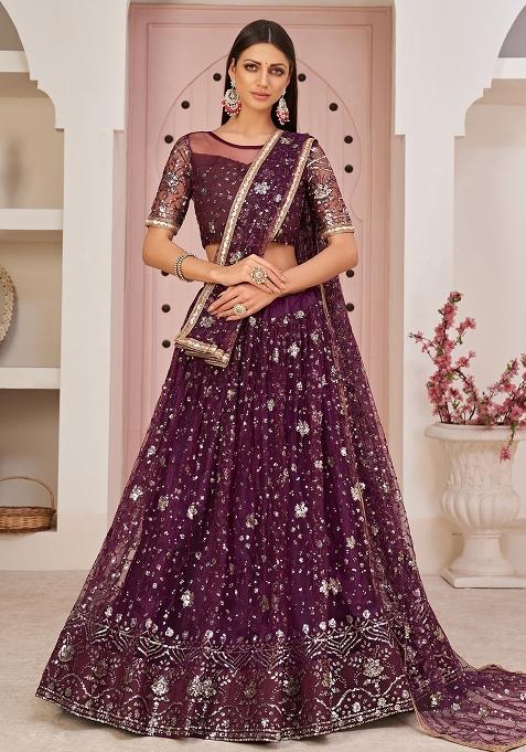 Wine Embroidered Net Lehenga Set With Dupatta