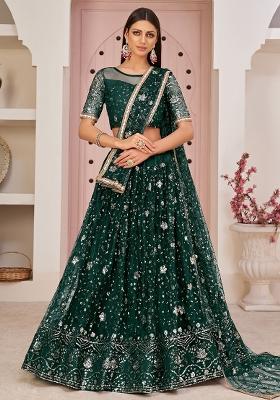 Green Embroidered Net Lehenga Set With Dupatta