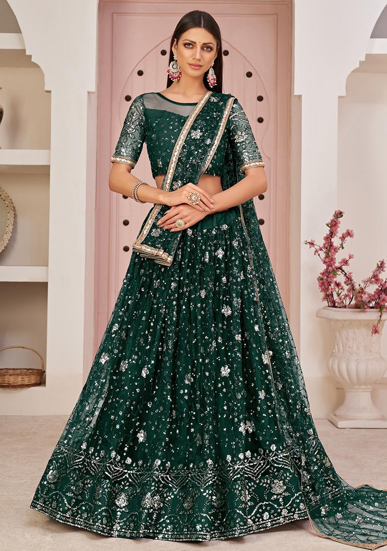 Green Embroidered Net Lehenga Set With Dupatta