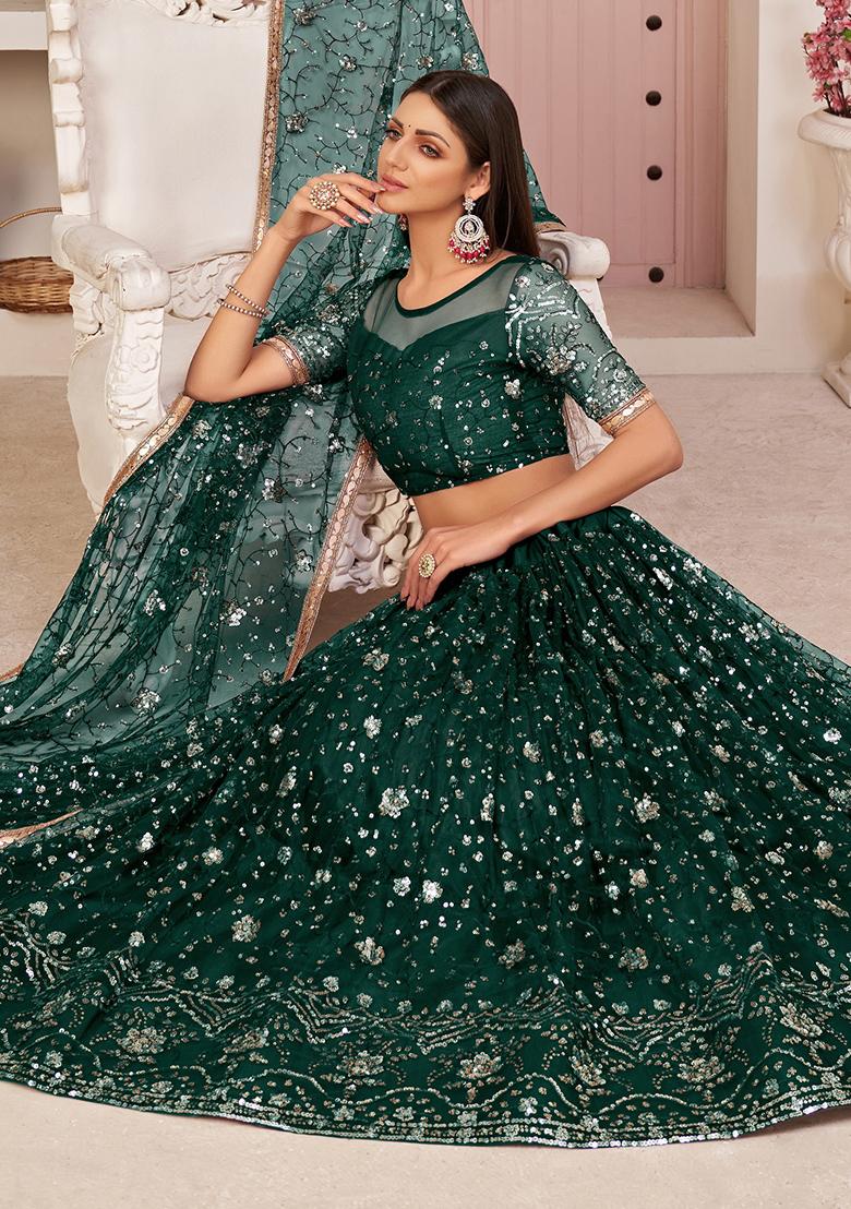 Green Embroidered Net Lehenga Set With Dupatta