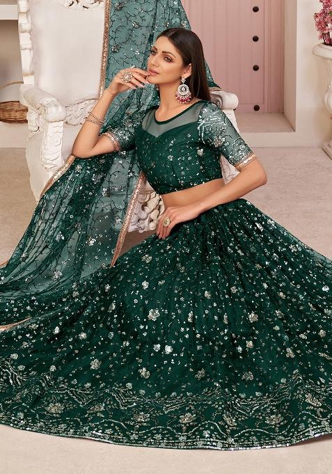 Green Embroidered Net Lehenga Set With Dupatta