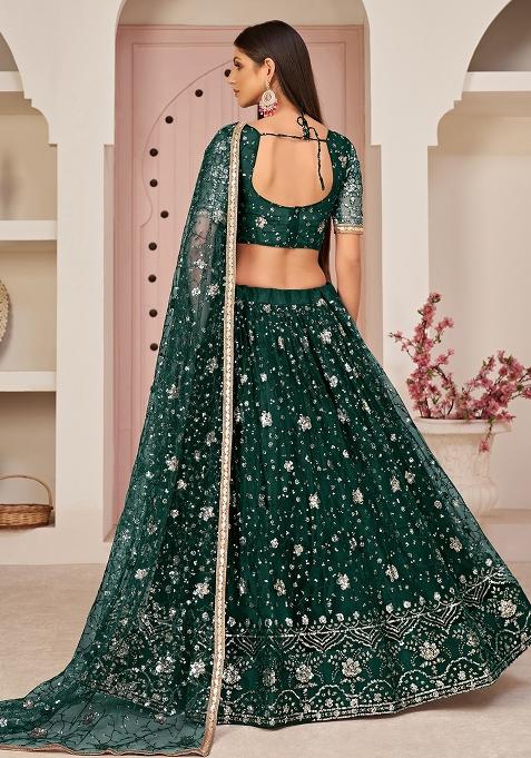 Green Embroidered Net Lehenga Set With Dupatta