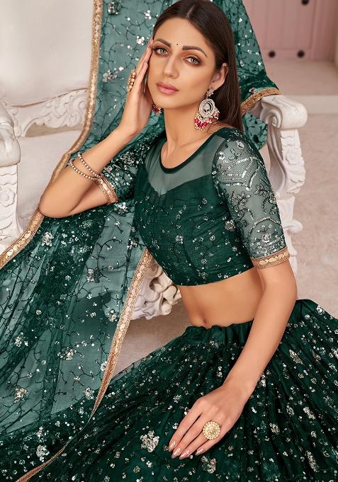 Green Embroidered Net Lehenga Set With Dupatta