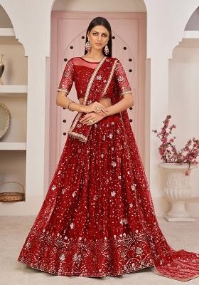 Red Embroidered Net Lehenga Set With Dupatta