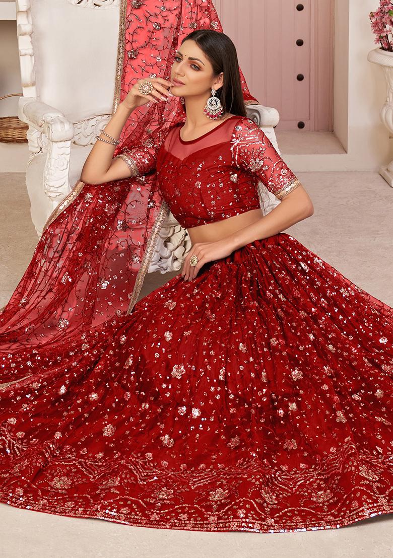 Red Embroidered Net Lehenga Set With Dupatta