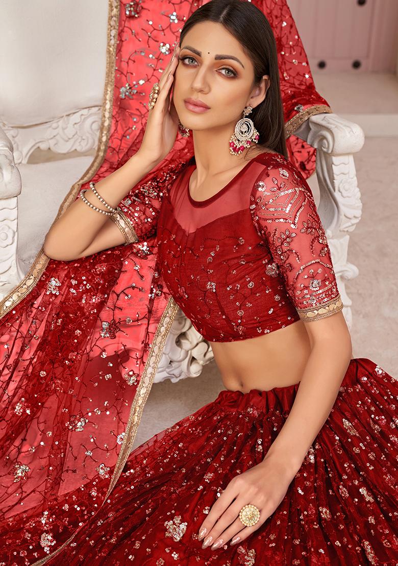 Red Embroidered Net Lehenga Set With Dupatta