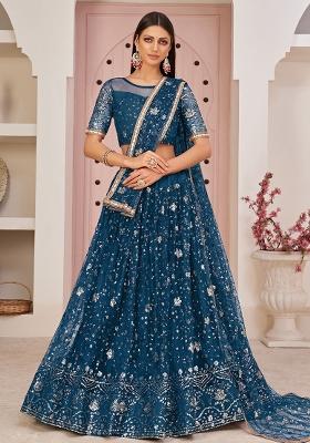 Blue Embroidered Net Lehenga Set With Dupatta