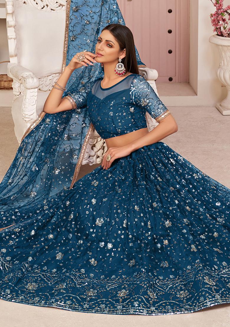 Blue Embroidered Net Lehenga Set With Dupatta