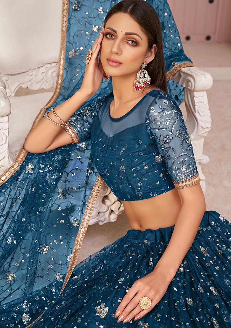 Blue Embroidered Net Lehenga Set With Dupatta