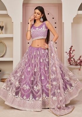 Lavender Embroidered Net Lehenga Set With Dupatta
