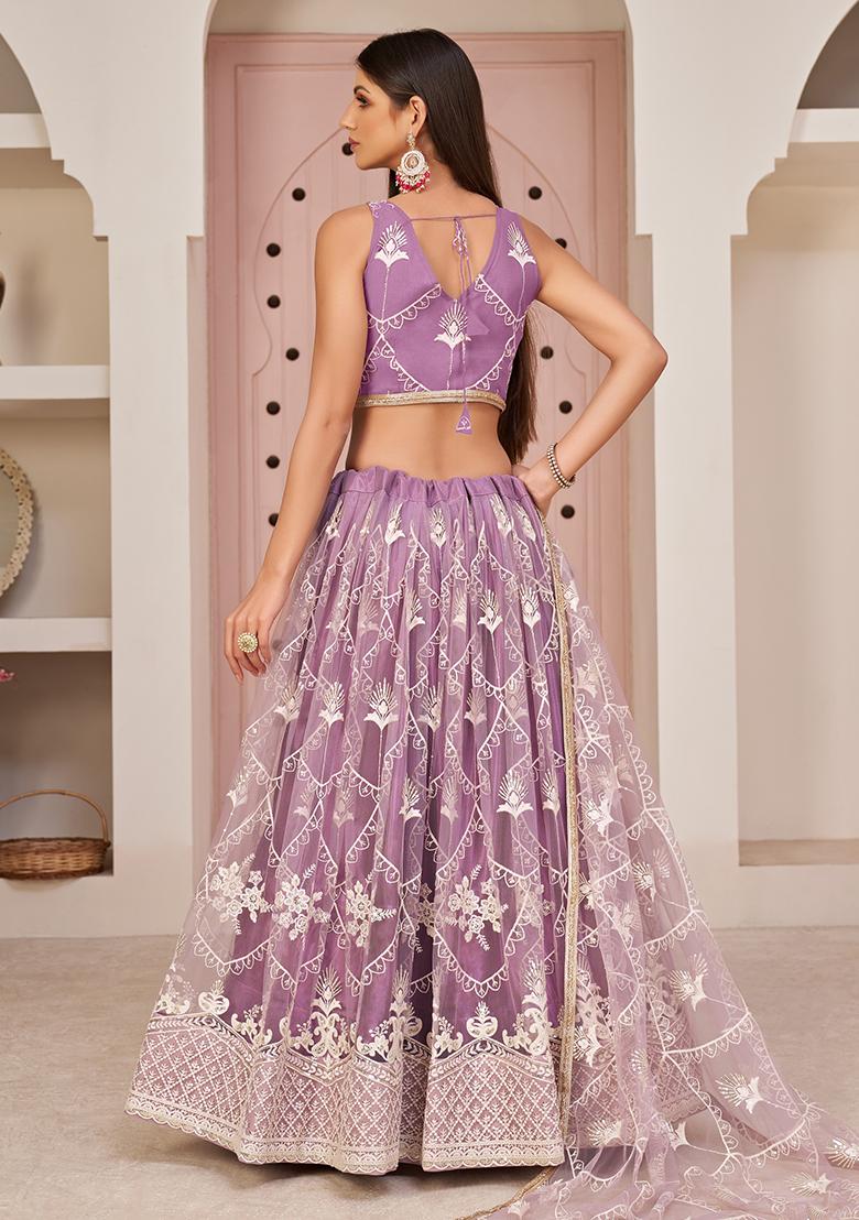 Lavender Embroidered Net Lehenga Set With Dupatta