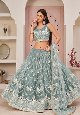 Ocean Blue Embroidered Net Lehenga Set With Dupatta
