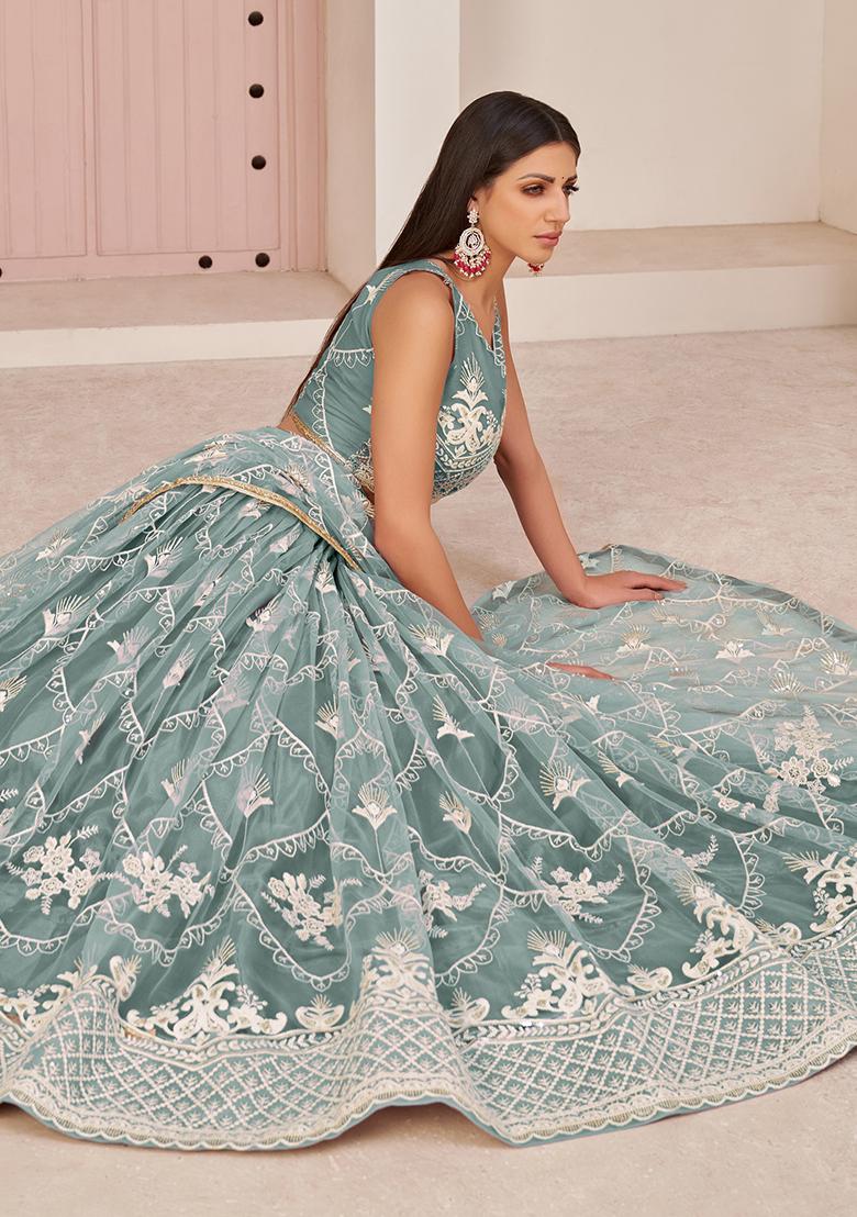 Ocean Blue Embroidered Net Lehenga Set With Dupatta