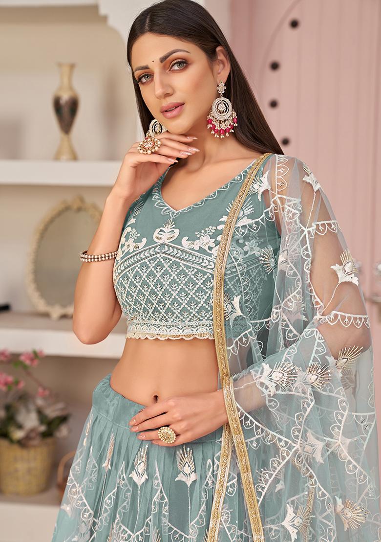 Ocean Blue Embroidered Net Lehenga Set With Dupatta