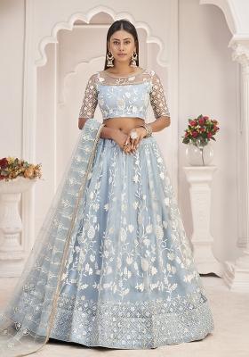 Blue Embroidered Net Lehenga Set With Dupatta