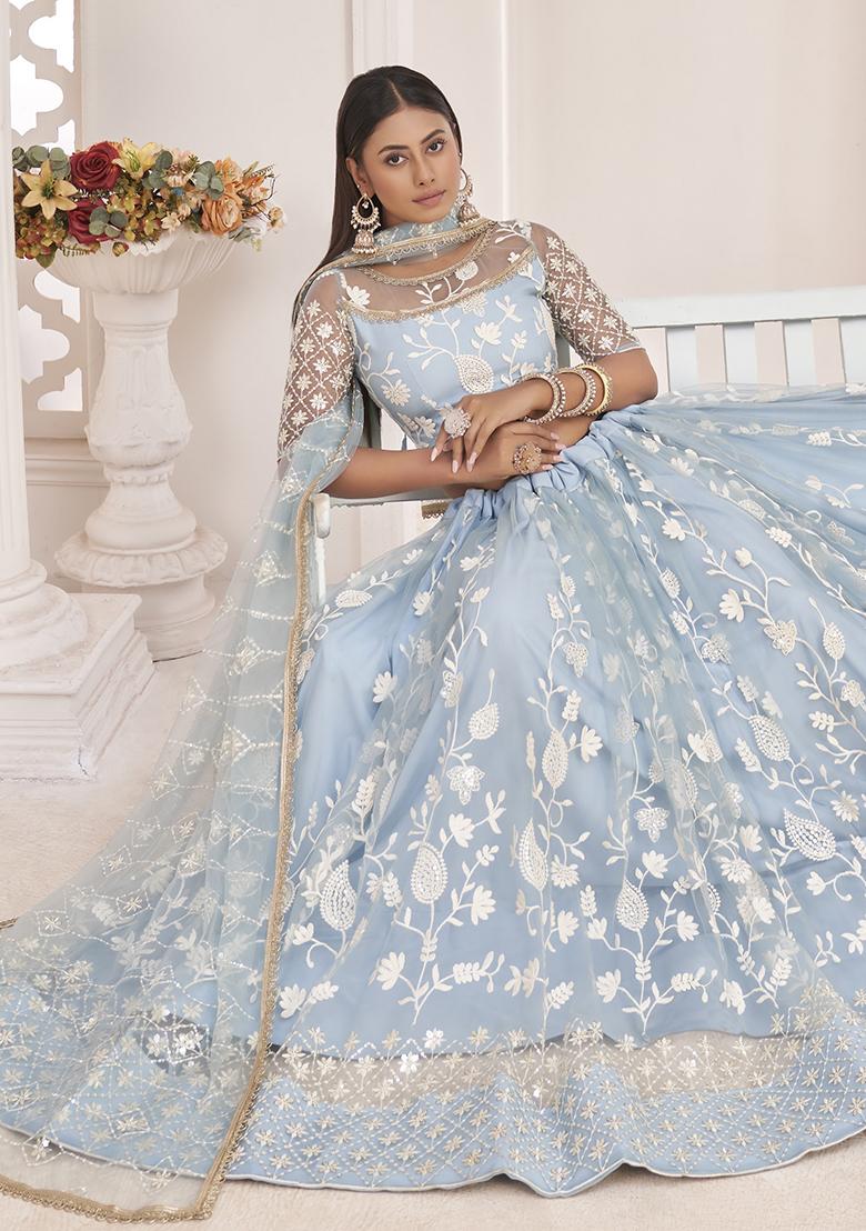 Blue Embroidered Net Lehenga Set With Dupatta