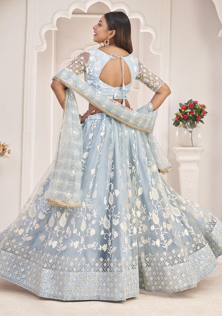 Blue Embroidered Net Lehenga Set With Dupatta