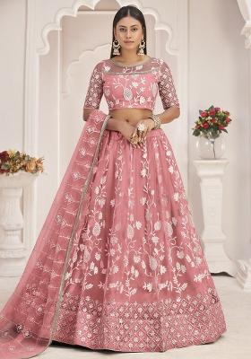 Peach Embroidered Net Lehenga Set With Dupatta