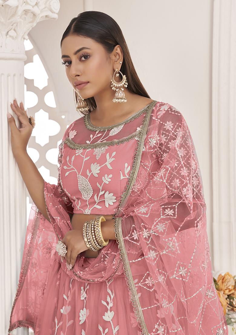 Peach Embroidered Net Lehenga Set With Dupatta