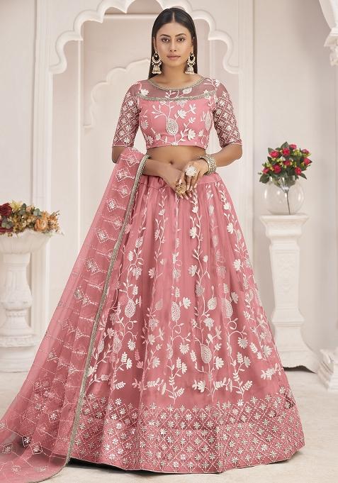 Peach Embroidered Net Lehenga Set With Dupatta
