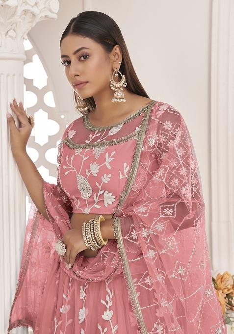 Peach Embroidered Net Lehenga Set With Dupatta