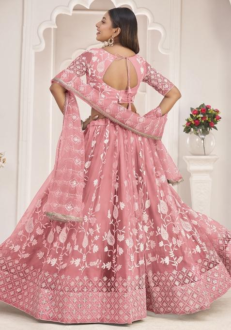 Peach Embroidered Net Lehenga Set With Dupatta