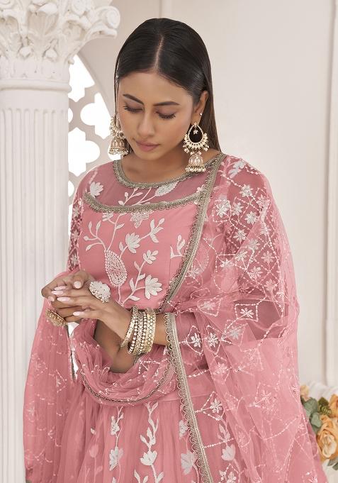 Peach Embroidered Net Lehenga Set With Dupatta