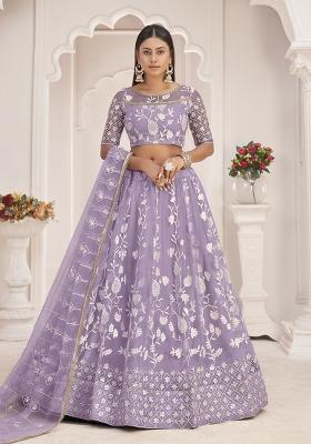 Leight Purple Embroidered Net Lehenga Set With Dupatta