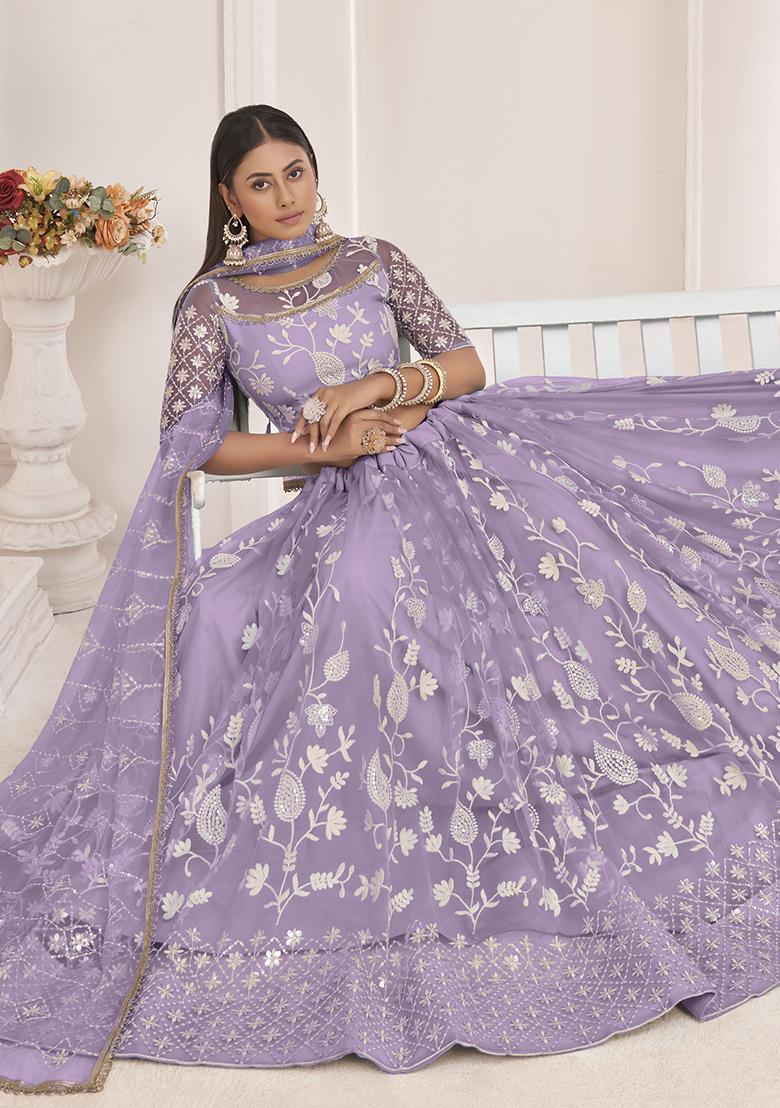 Leight Purple Embroidered Net Lehenga Set With Dupatta