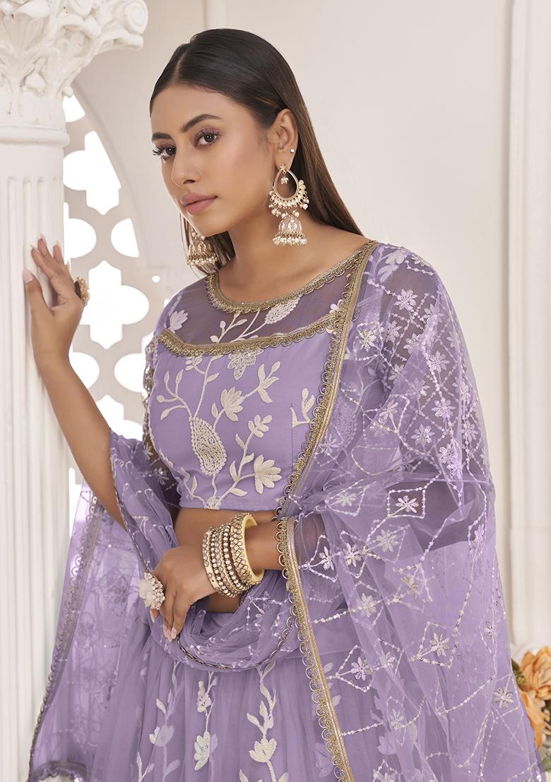 Leight Purple Embroidered Net Lehenga Set With Dupatta