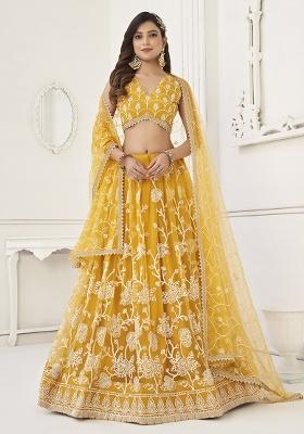 Yellow Embroidered Net Lehenga Set With Dupatta