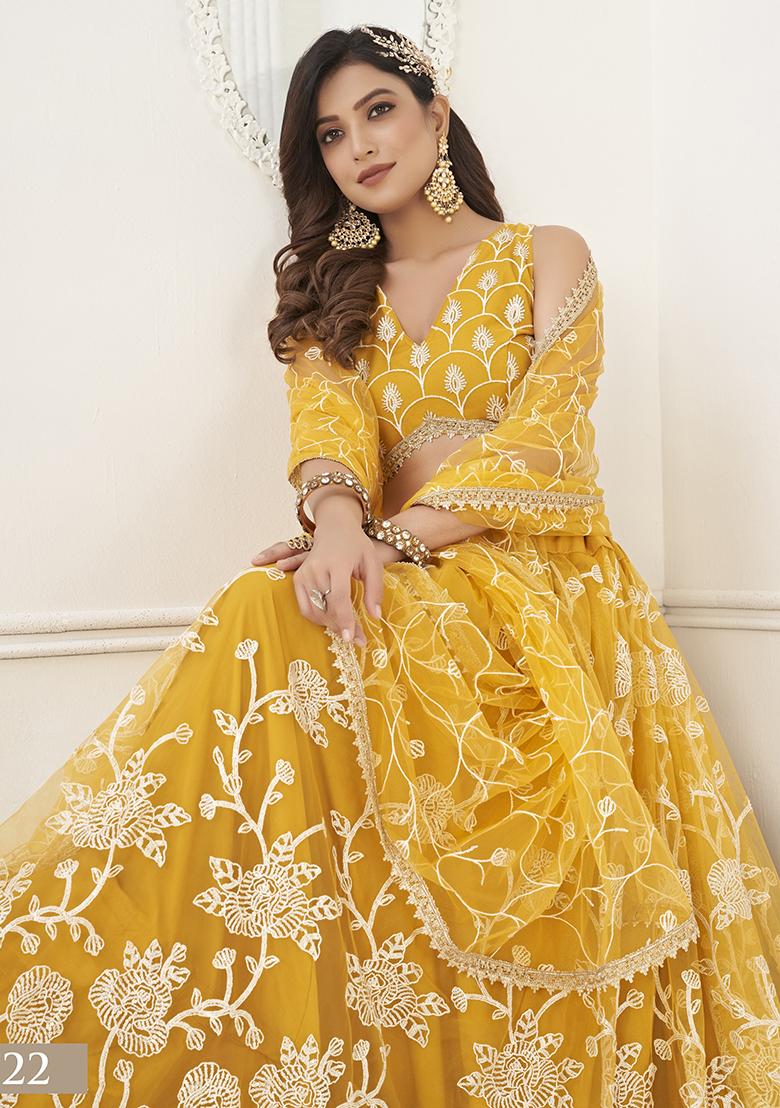 Yellow Embroidered Net Lehenga Set With Dupatta