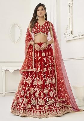 Red Embroidered Net Lehenga Set With Dupatta