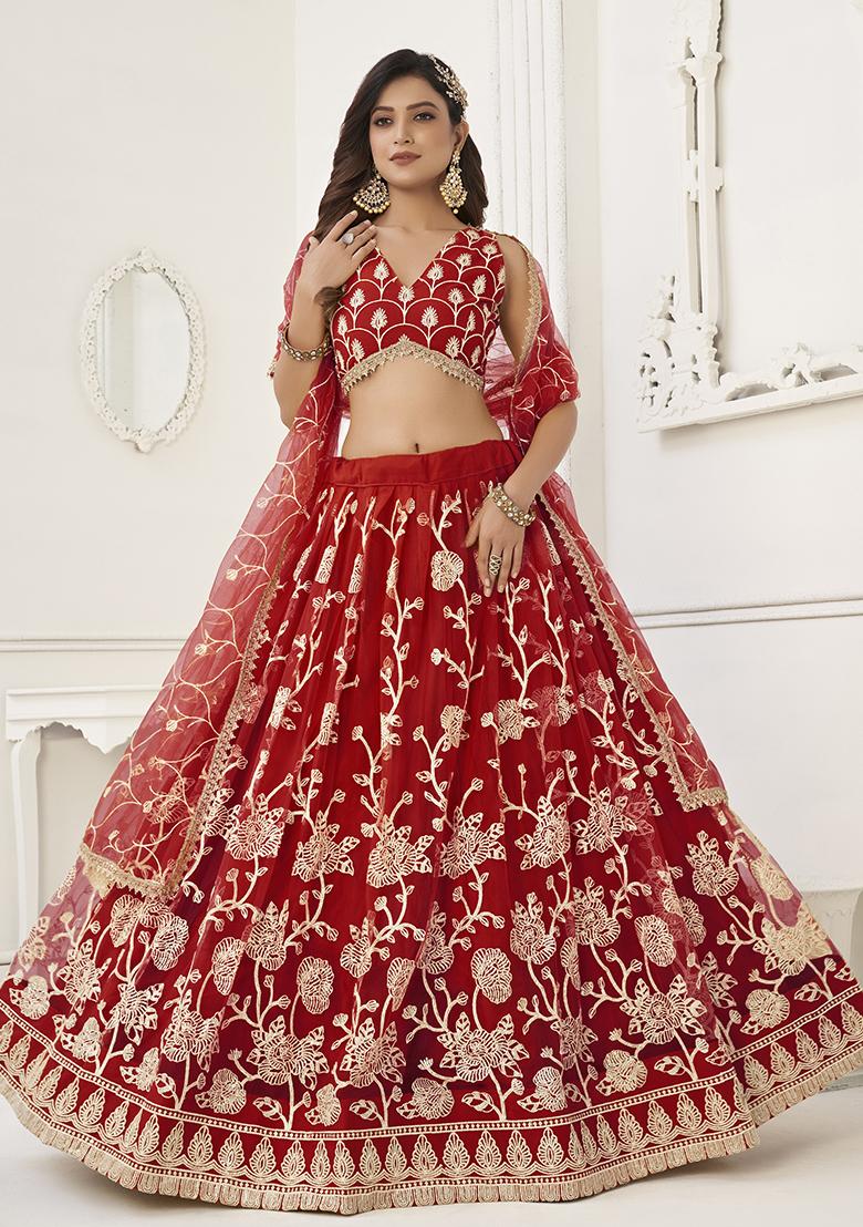 Red Embroidered Net Lehenga Set With Dupatta