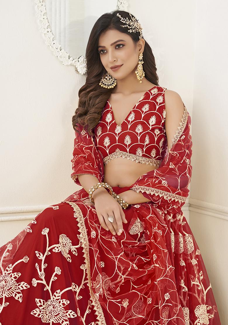 Red Embroidered Net Lehenga Set With Dupatta
