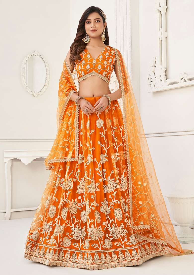 Orange Embroidered Net Lehenga Set With Dupatta for Diwali and Festive Wear - Indya