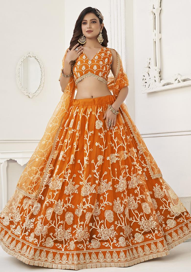 Orange Embroidered Net Lehenga Set With Dupatta