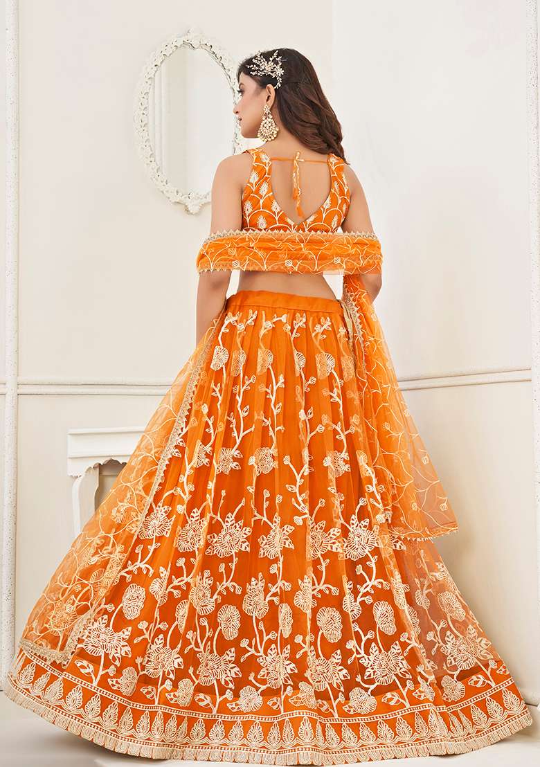 Orange Embroidered Net Lehenga Set With Dupatta for Diwali and Festive Wear - Indya