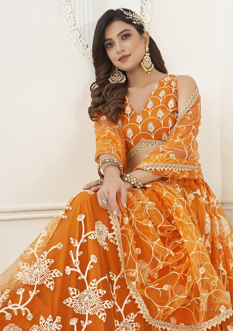 Orange Embroidered Net Lehenga Set With Dupatta